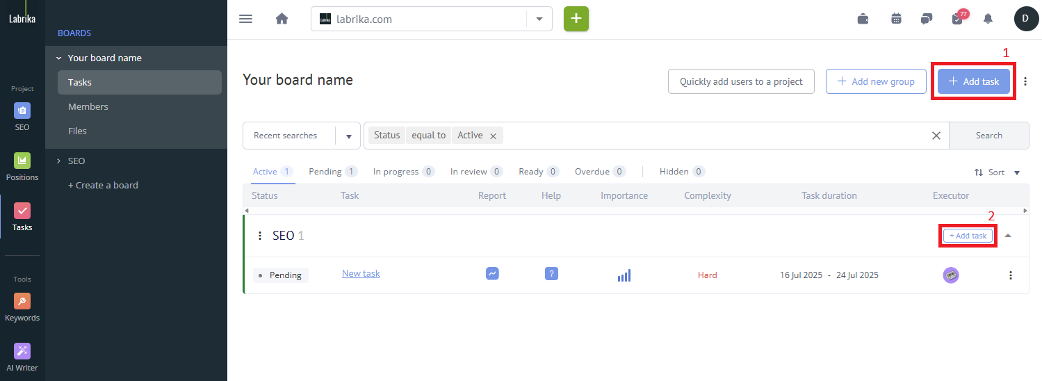 An article about Adding a task in the Labrika help section