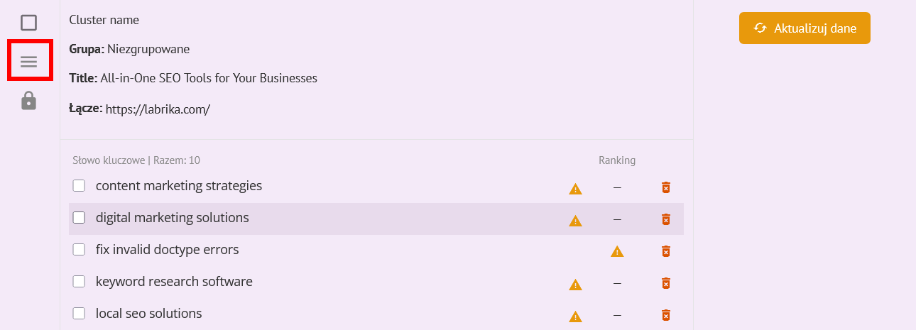 Dodatkowe opcje edycji grupy słów kluczowych