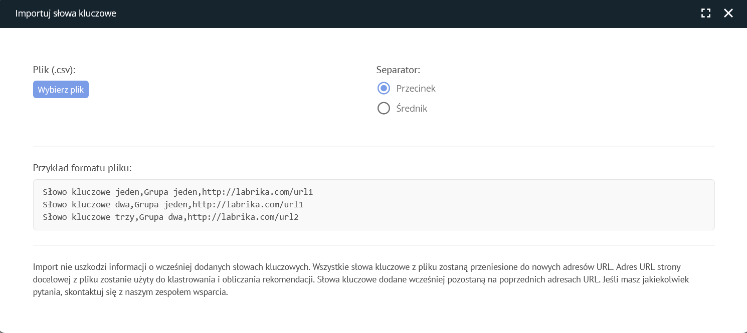 Typy grupowania słów kluczowych w Labrika