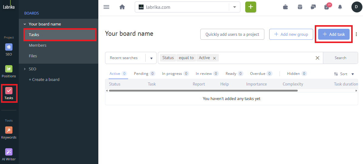 An article about Adding a task in the Labrika help section