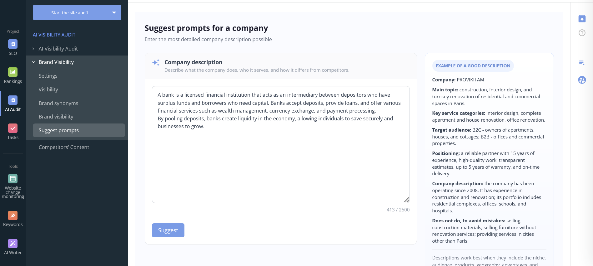 Suggest prompts for a company