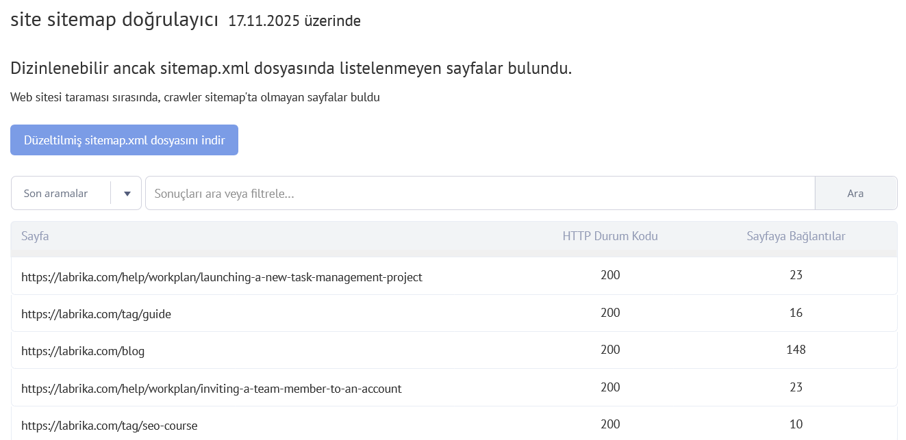 Sitemap.xml Dosyası ve Labrika Tarafından Bulunan Hatalar