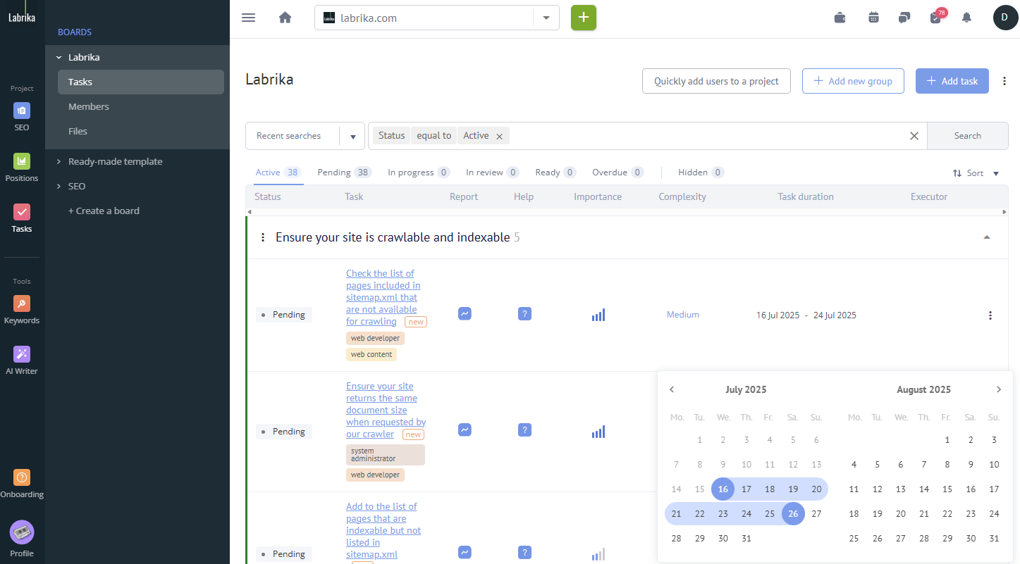 An article about Setting task deadlines in the Labrika help section