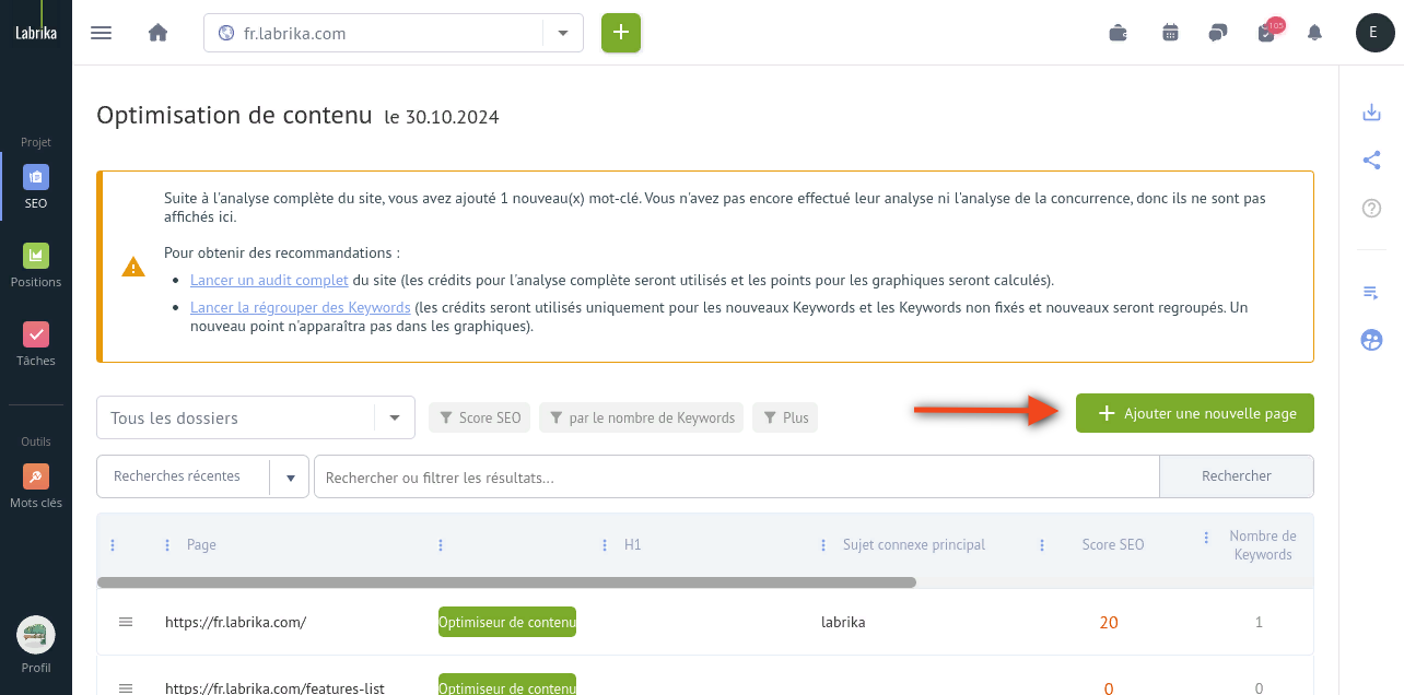 Recommandations d'optimisation de contenu