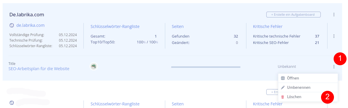 Projekt oder Board löschen