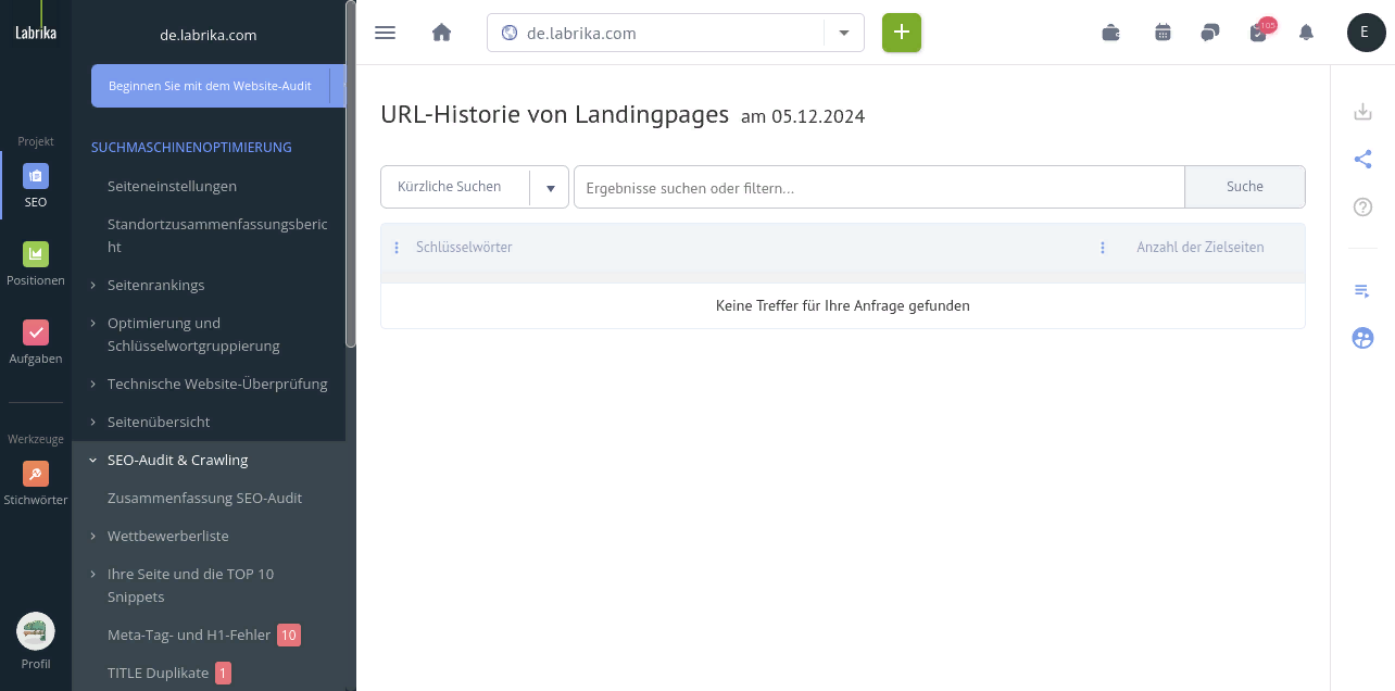 Historie der Landing Page URLs