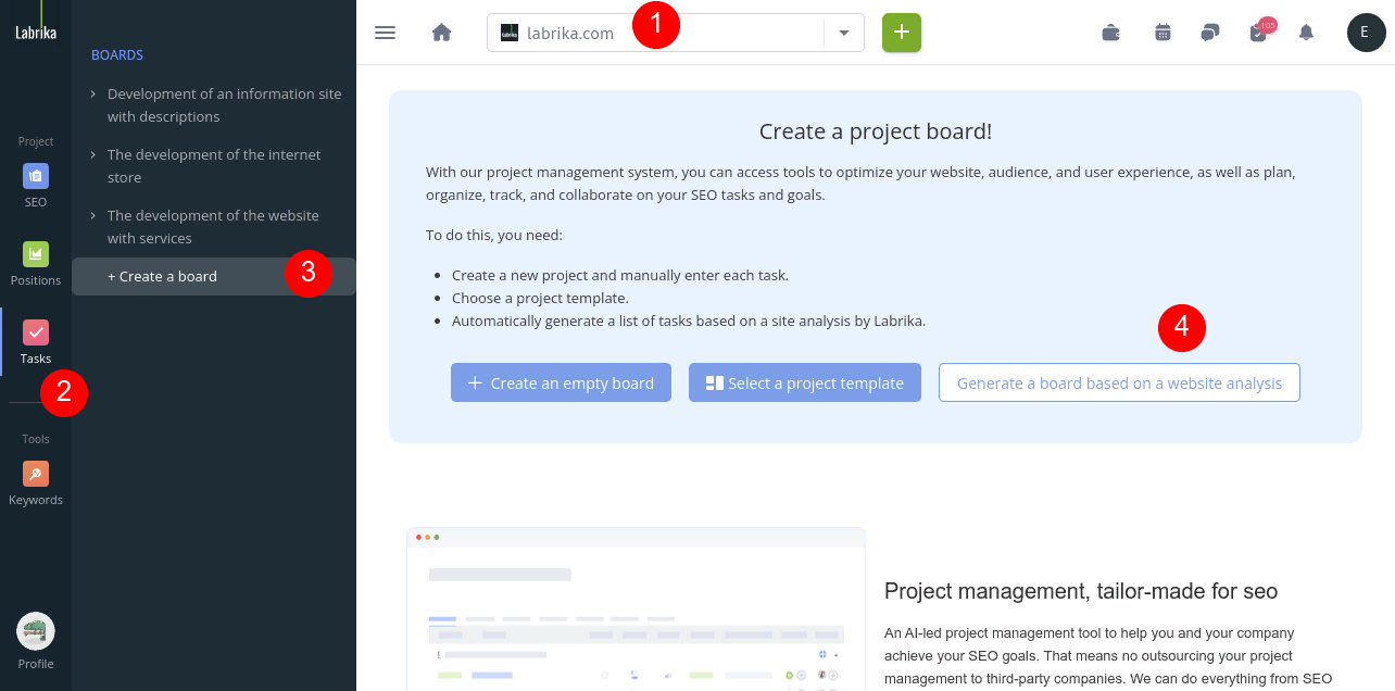 Creating a board based on a website analysis